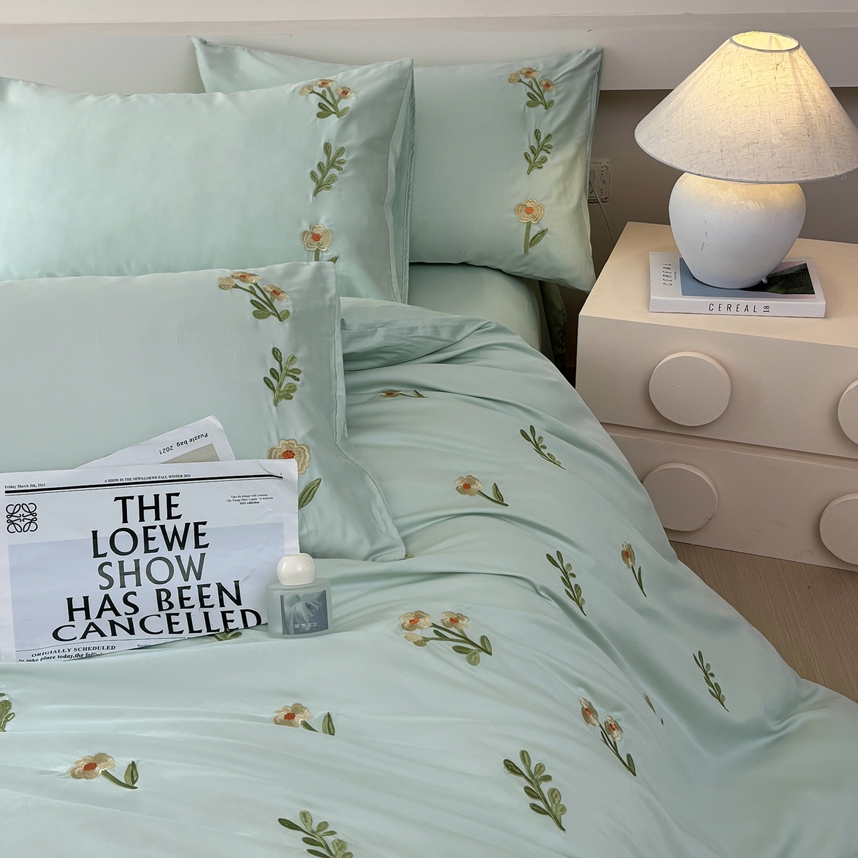 91家纺网 家纺一手货源 找家纺 合欢（原天一阁） 2026春夏新款50s双股长绒棉100支刺绣全棉纯棉四件套礼盒装 花颜-青柠绿