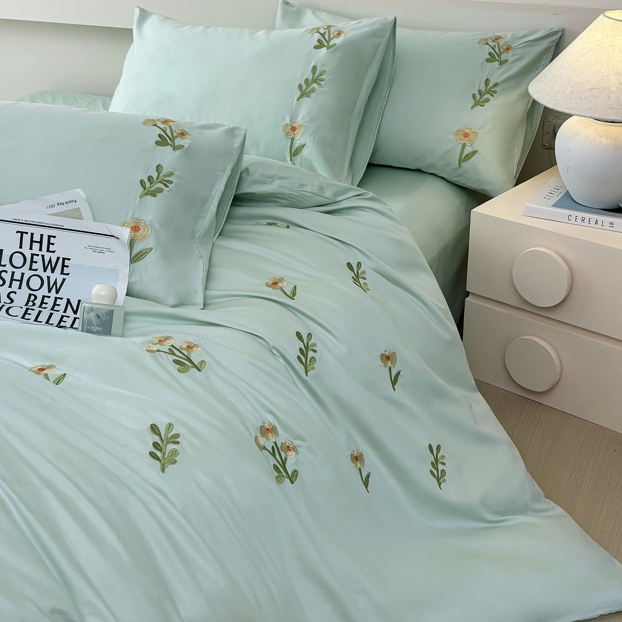 91家纺网 家纺一手货源 找家纺 合欢（原天一阁） 2026春夏新款50s双股长绒棉100支刺绣全棉纯棉四件套礼盒装 花颜-青柠绿