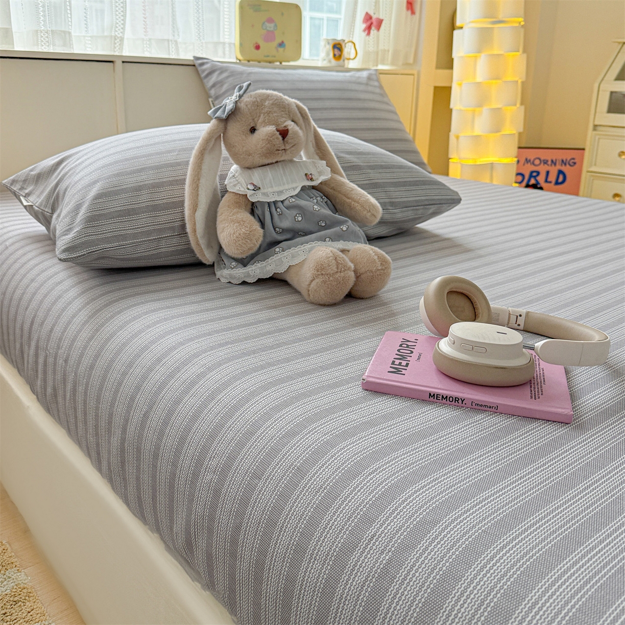 91家纺网 家纺一手货源 找家纺 名兮家居 2026春夏新款A类全棉纯棉老粗布床笠 床笠单件 条纹灰