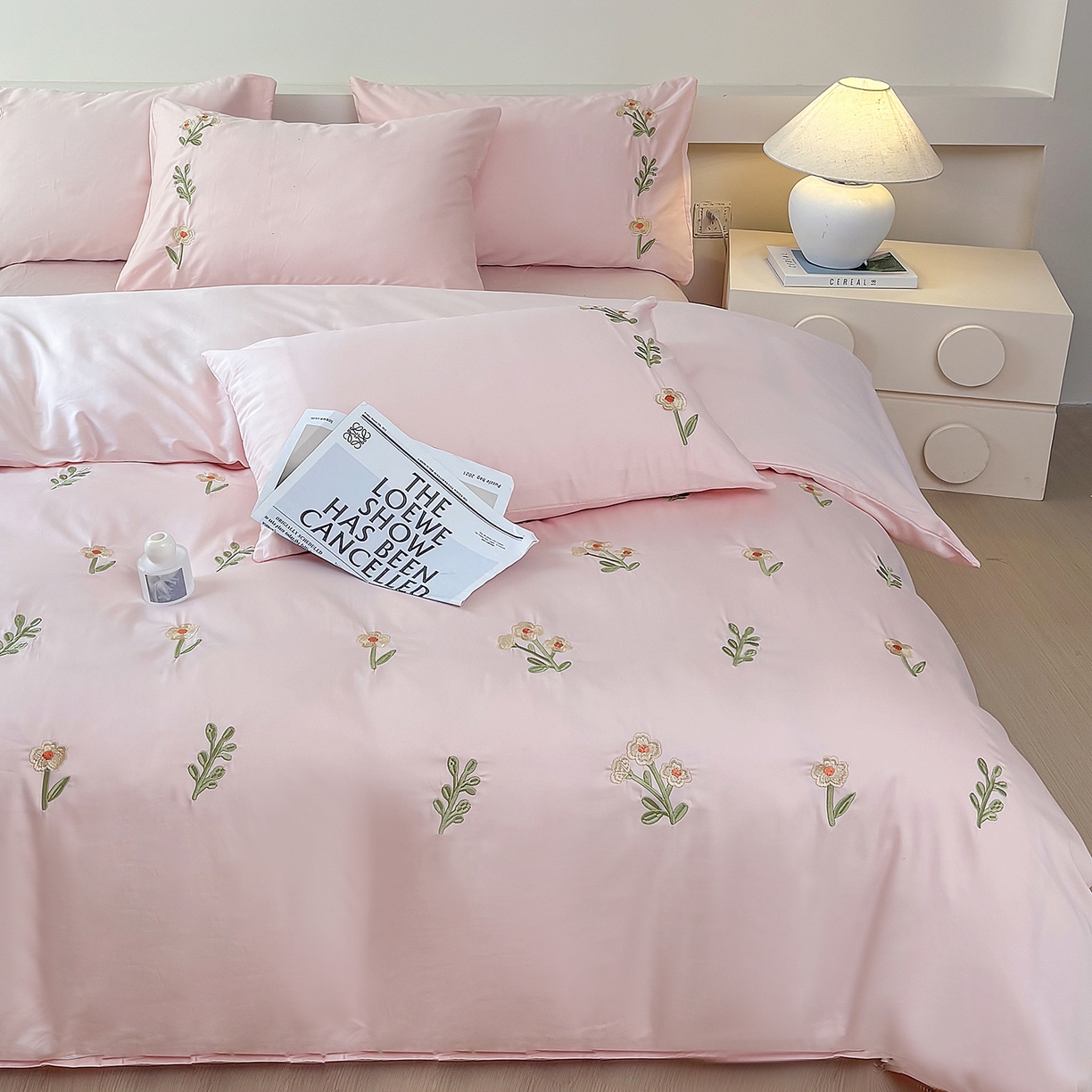 合欢（原天一阁） 2026春夏新款50s双股长绒棉100支刺绣全棉纯棉四件套礼盒装 花颜-暖心粉