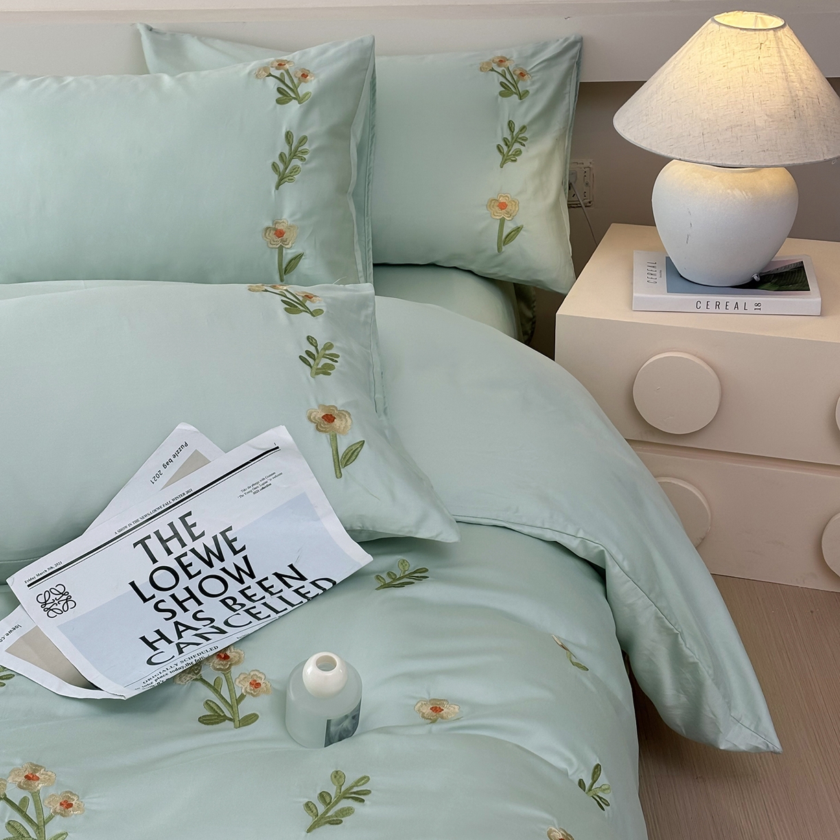 91家纺网 家纺一手货源 找家纺 合欢（原天一阁） 2026春夏新款50s双股长绒棉100支刺绣全棉纯棉四件套礼盒装 花颜-青柠绿