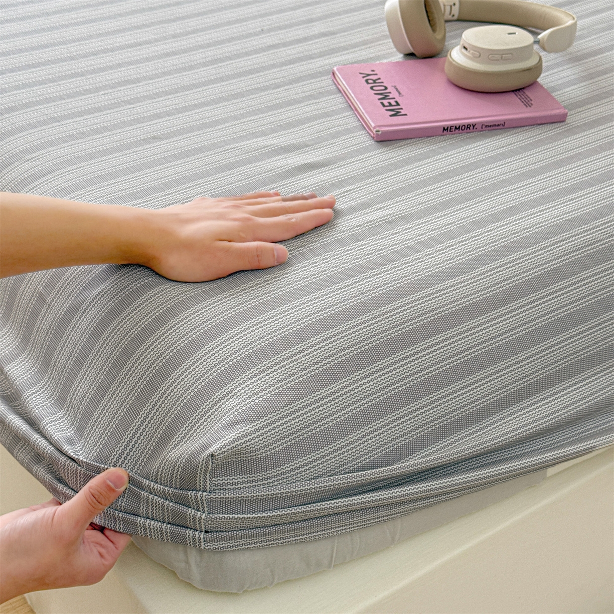 91家纺网 家纺一手货源 找家纺 名兮家居 2026春夏新款A类全棉纯棉老粗布床笠 床笠单件 条纹灰