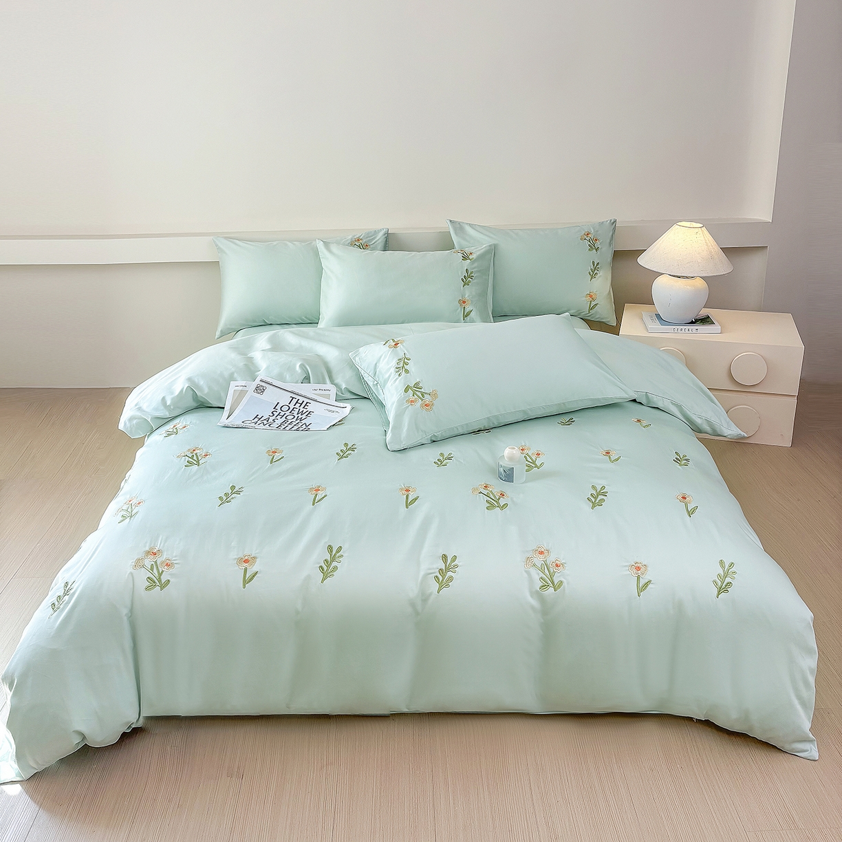 91家纺网 家纺一手货源 找家纺 合欢（原天一阁） 2026春夏新款50s双股长绒棉100支刺绣全棉纯棉四件套礼盒装 花颜-青柠绿