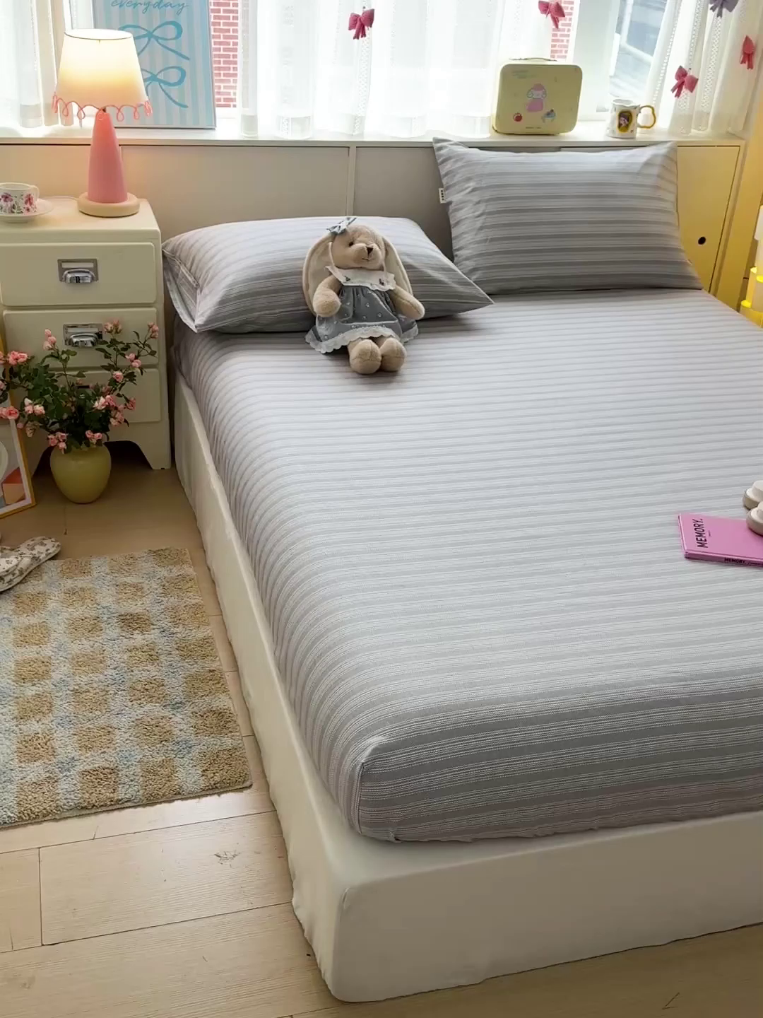 91家纺网 家纺一手货源 找家纺 名兮家居 2026春夏新款A类全棉纯棉老粗布床笠 床笠单件 条纹灰
