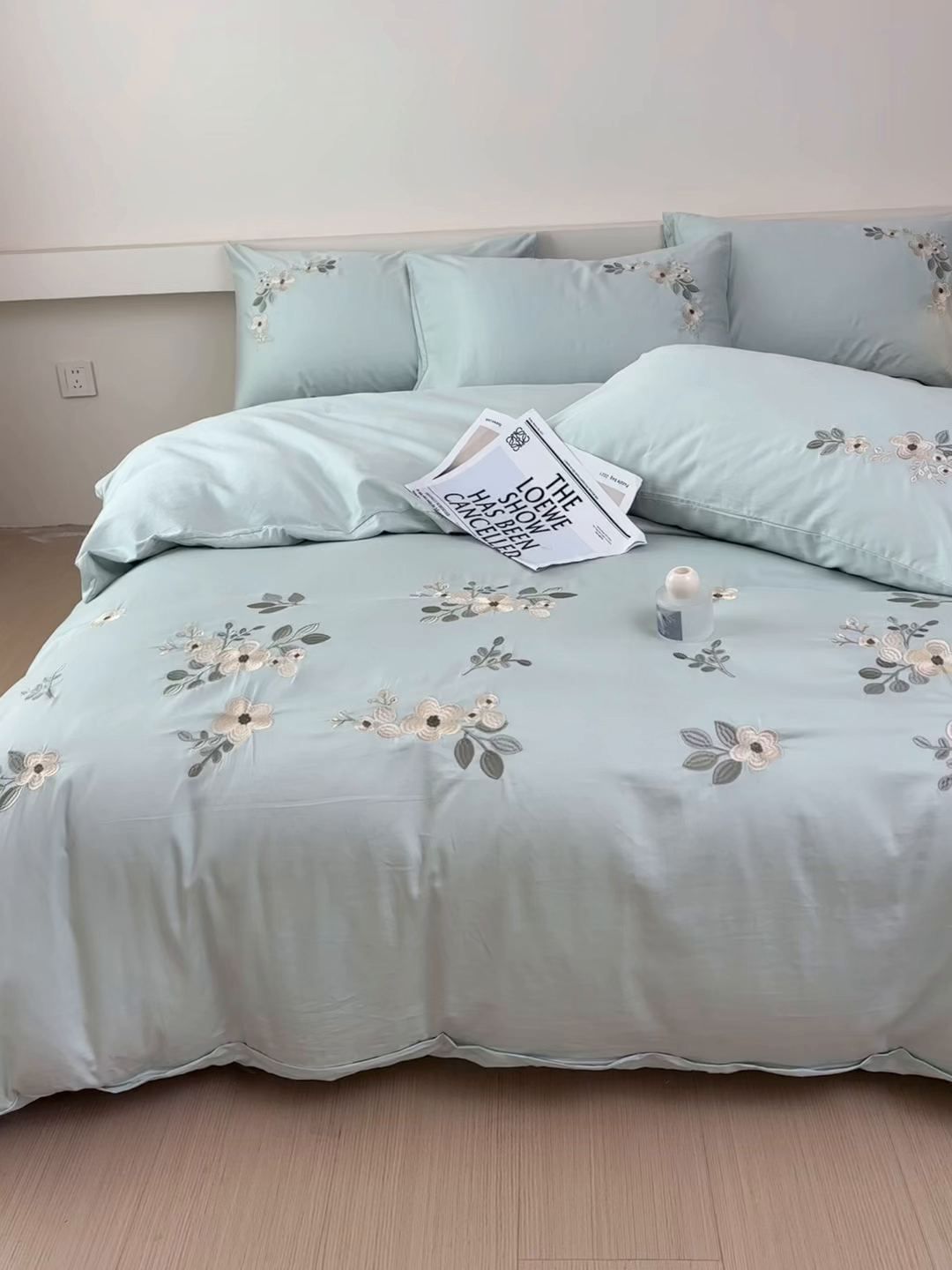 91家纺网 家纺一手货源 找家纺 合欢（原天一阁） 2026春夏新款50s双股长绒棉100支刺绣全棉纯棉四件套礼盒装 清欢-青柠绿