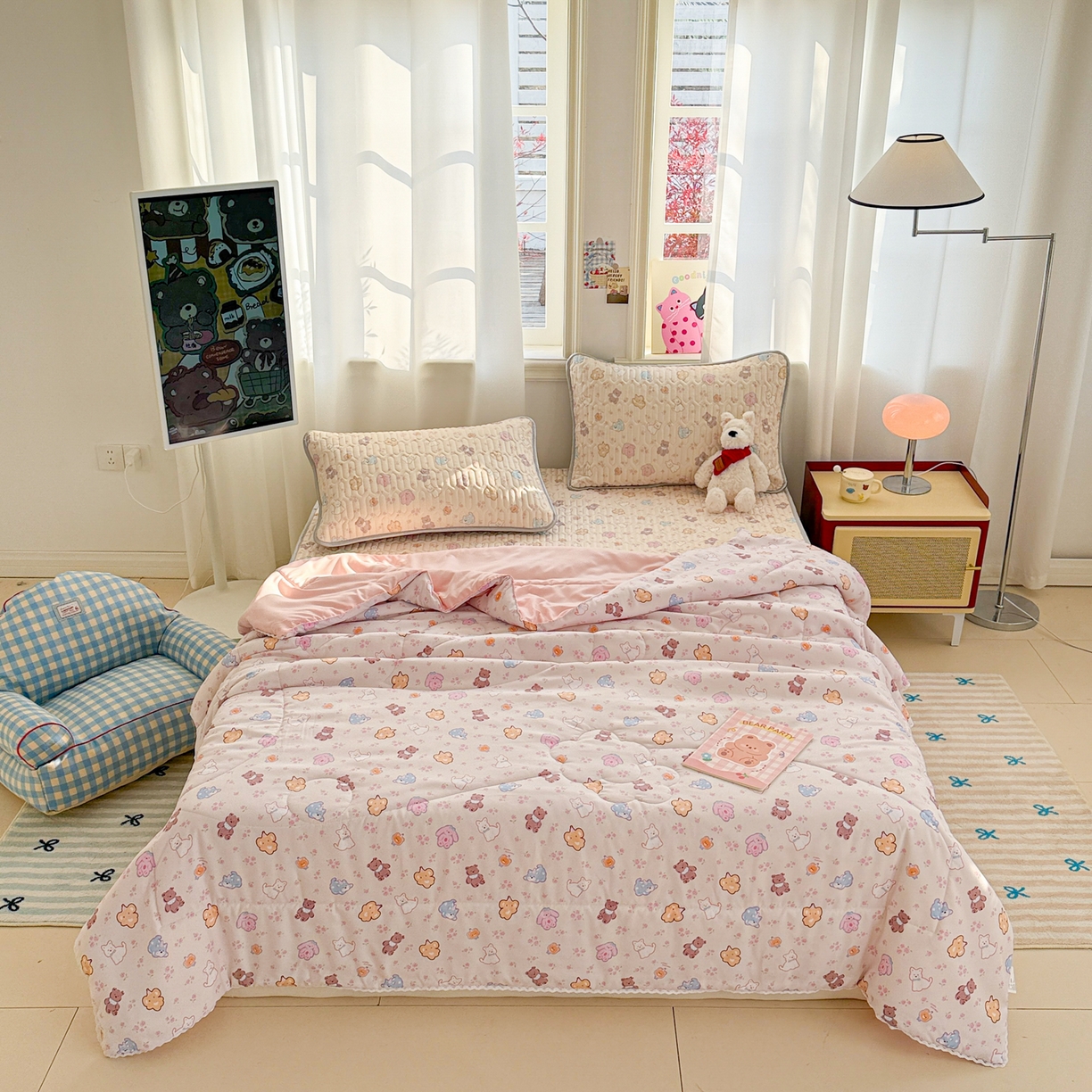 91家纺网 家纺一手货源 找家纺 慕尚家纺 2026新款乳胶凉席夏被空调被夏凉被套装组合 小奶狗