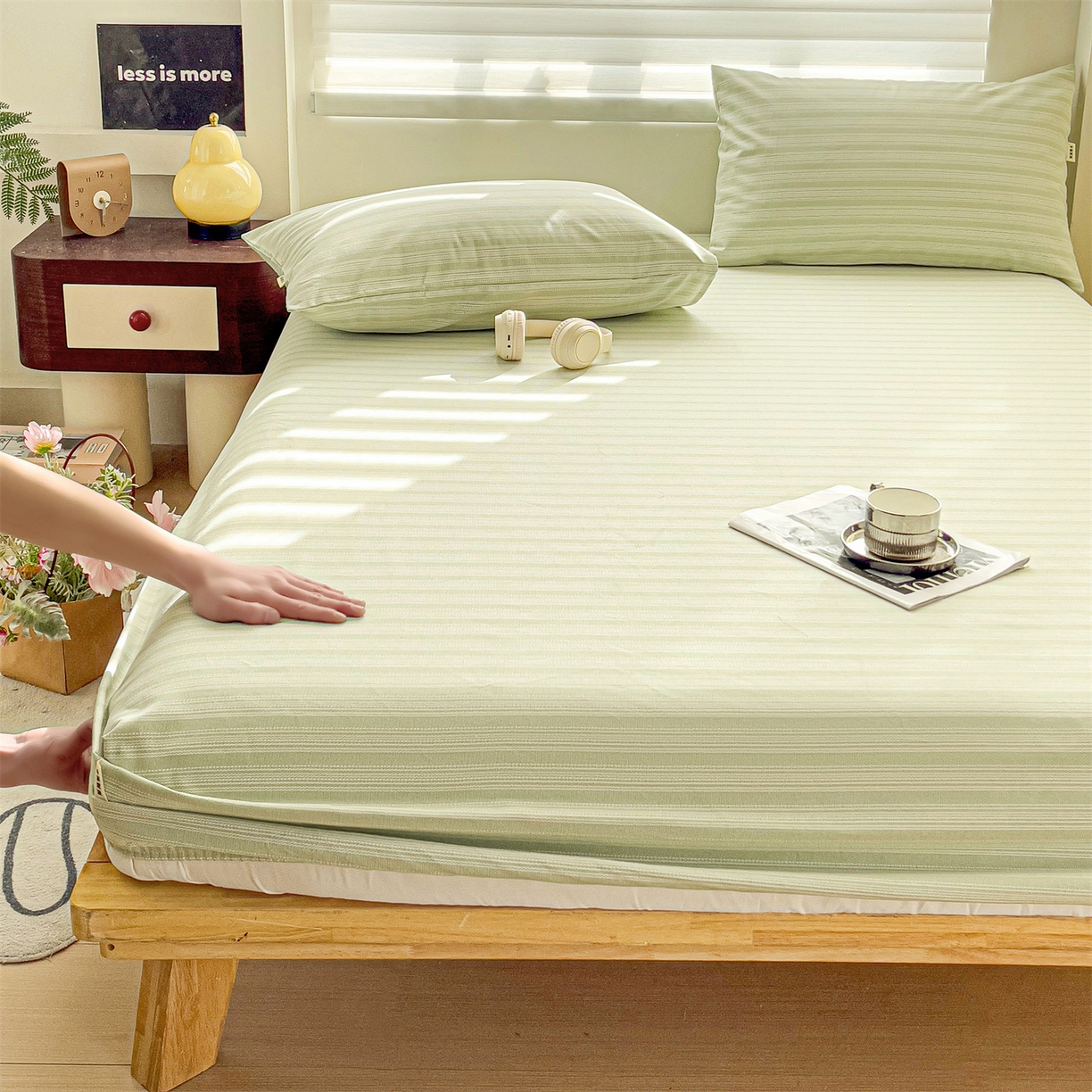 名兮家居 2026春夏新款A类全棉纯棉老粗布床笠 床笠单件 条纹绿