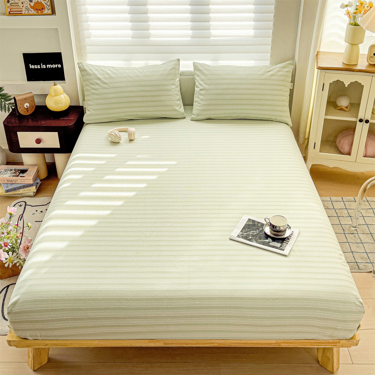 91家纺网 家纺一手货源 找家纺 名兮家居 2026春夏新款A类全棉纯棉老粗布床笠 床笠单件 条纹绿