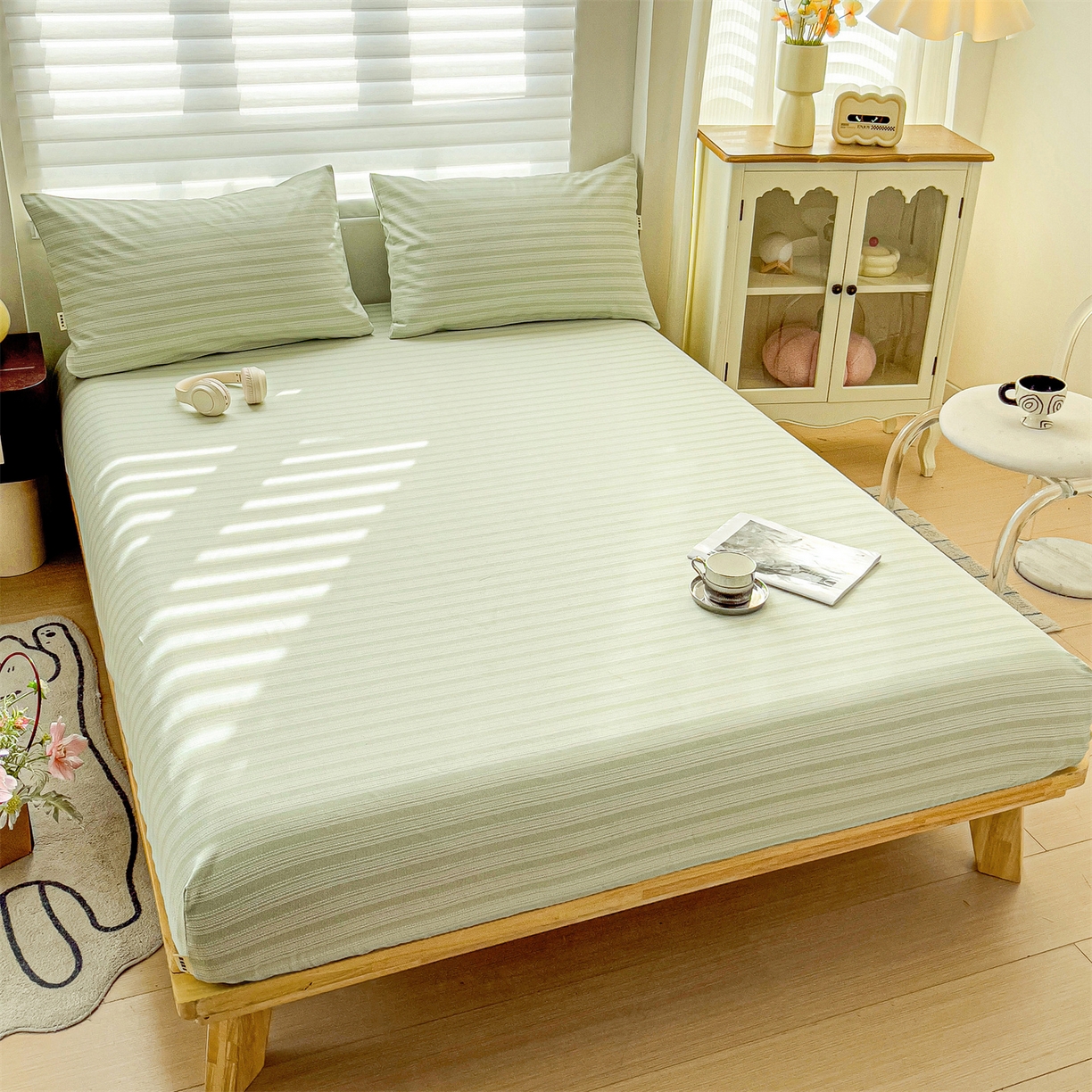 91家纺网 家纺一手货源 找家纺 名兮家居 2026春夏新款A类全棉纯棉老粗布床笠 床笠单件 条纹绿