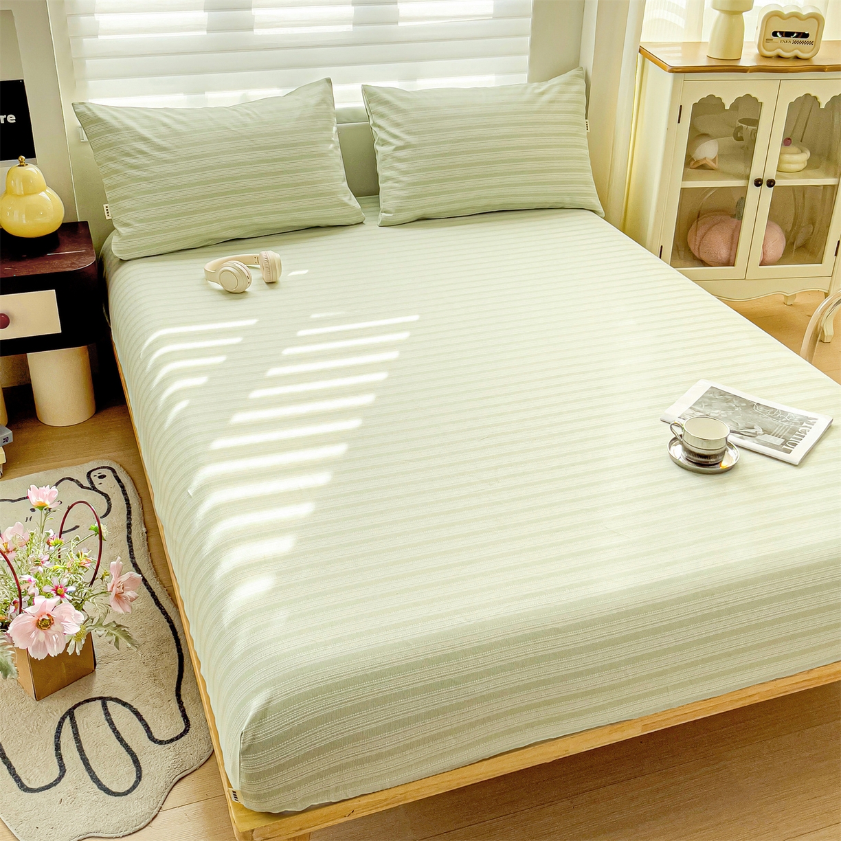 91家纺网 家纺一手货源 找家纺 名兮家居 2026春夏新款A类全棉纯棉老粗布床笠 床笠单件 条纹绿