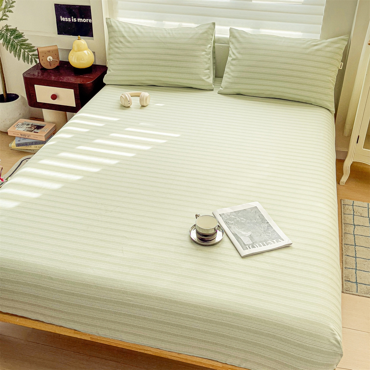 91家纺网 家纺一手货源 找家纺 名兮家居 2026春夏新款A类全棉纯棉老粗布床笠 床笠单件 条纹绿