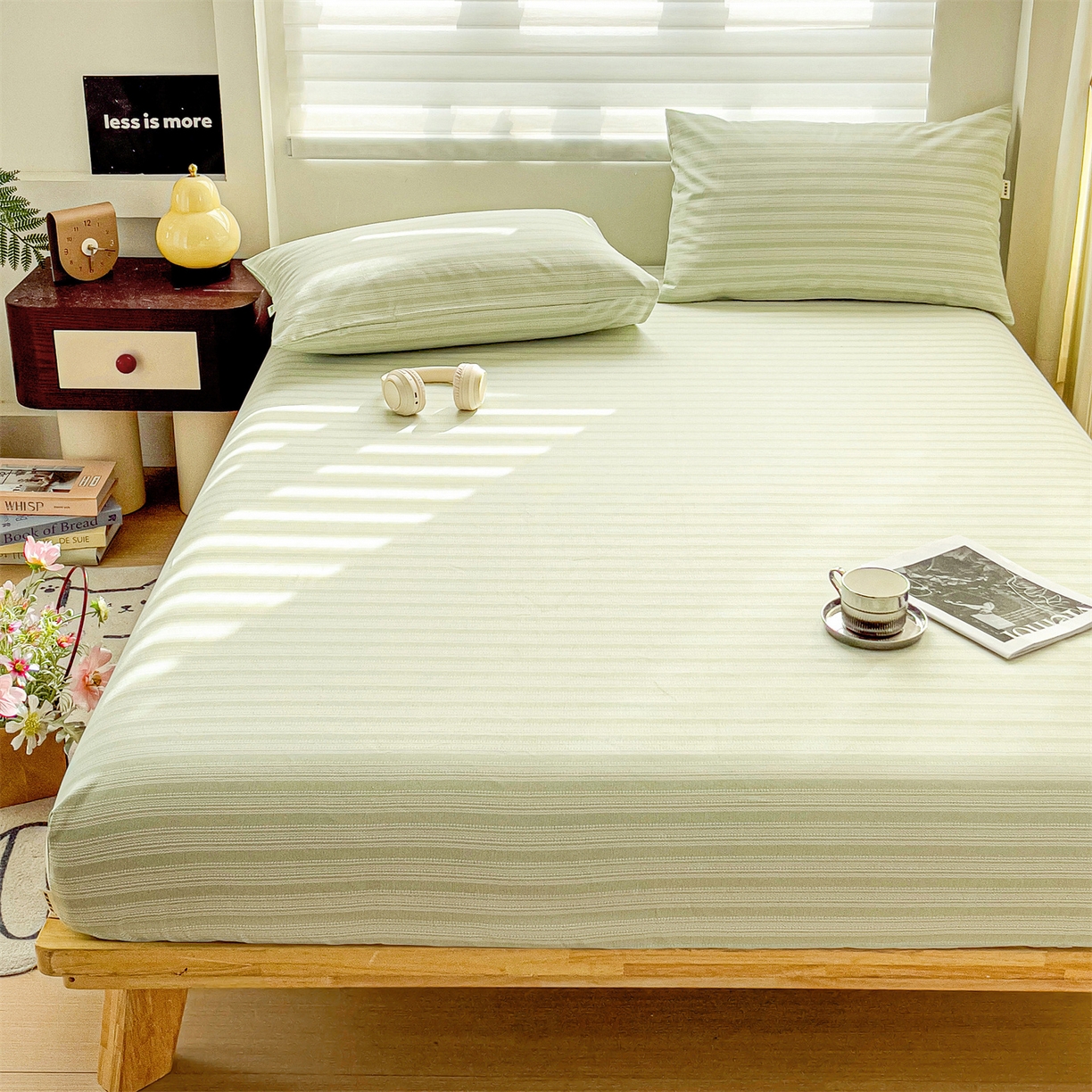 91家纺网 家纺一手货源 找家纺 名兮家居 2026春夏新款A类全棉纯棉老粗布床笠 床笠单件 条纹绿