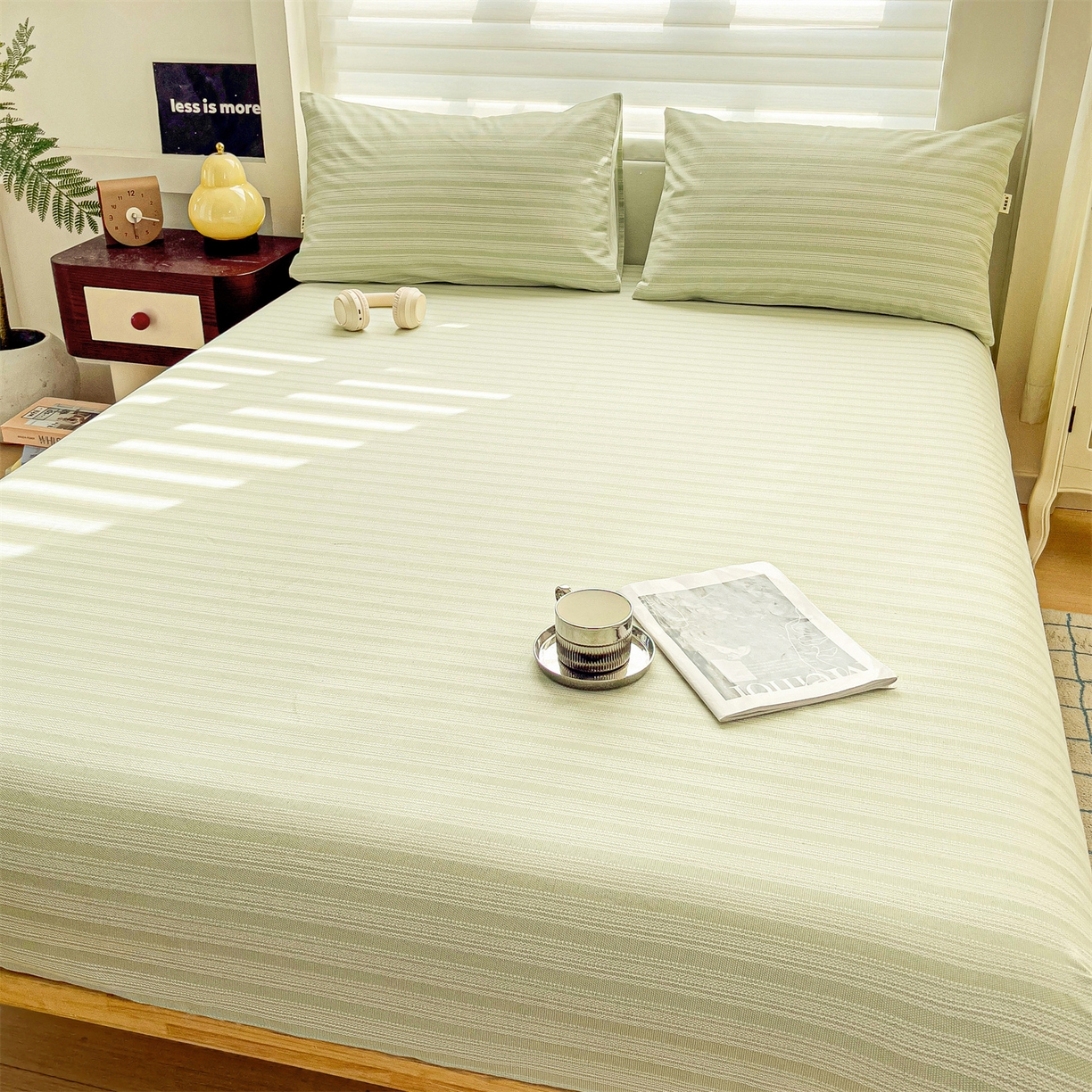 91家纺网 家纺一手货源 找家纺 名兮家居 2026春夏新款A类全棉纯棉老粗布床笠 床笠单件 条纹绿