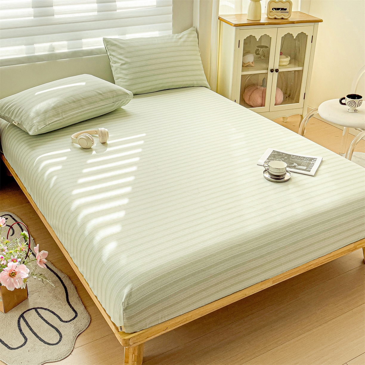 91家纺网 家纺一手货源 找家纺 名兮家居 2026春夏新款A类全棉纯棉老粗布床笠 床笠单件 条纹绿