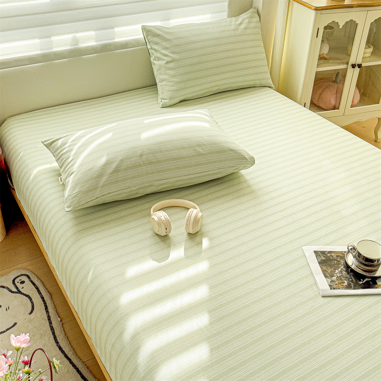 91家纺网 家纺一手货源 找家纺 名兮家居 2026春夏新款A类全棉纯棉老粗布床笠 床笠单件 条纹绿