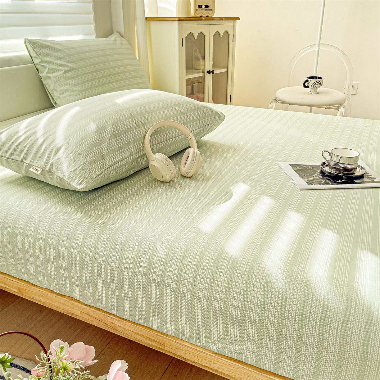 91家纺网 家纺一手货源 找家纺 名兮家居 2026春夏新款A类全棉纯棉老粗布床笠 床笠单件 条纹绿