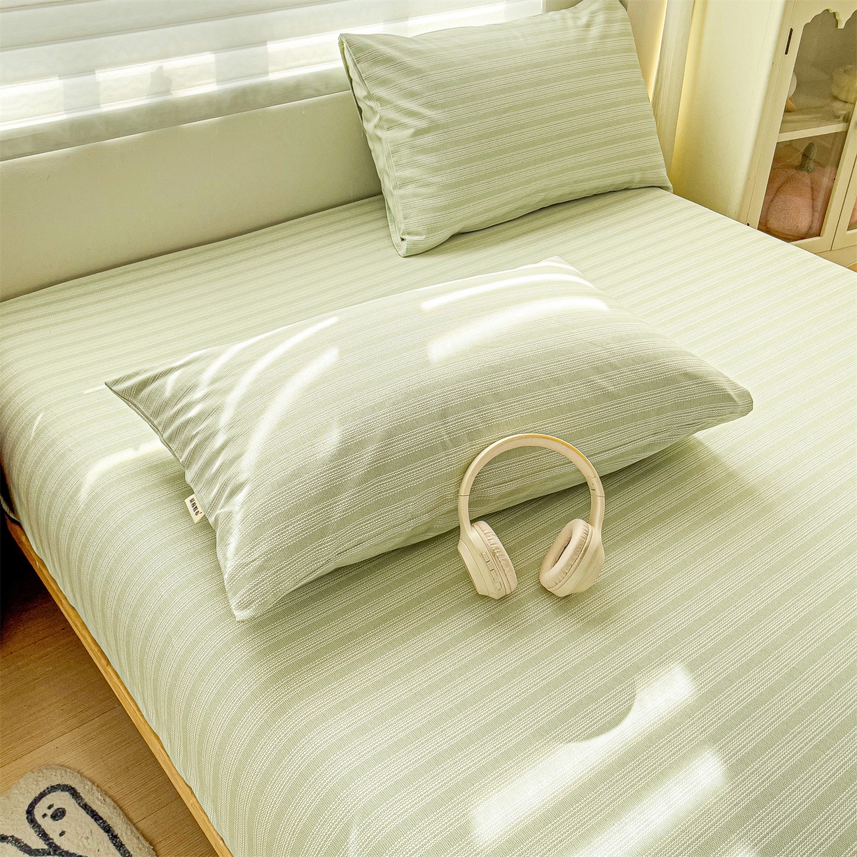 91家纺网 家纺一手货源 找家纺 名兮家居 2026春夏新款A类全棉纯棉老粗布床笠 床笠单件 条纹绿