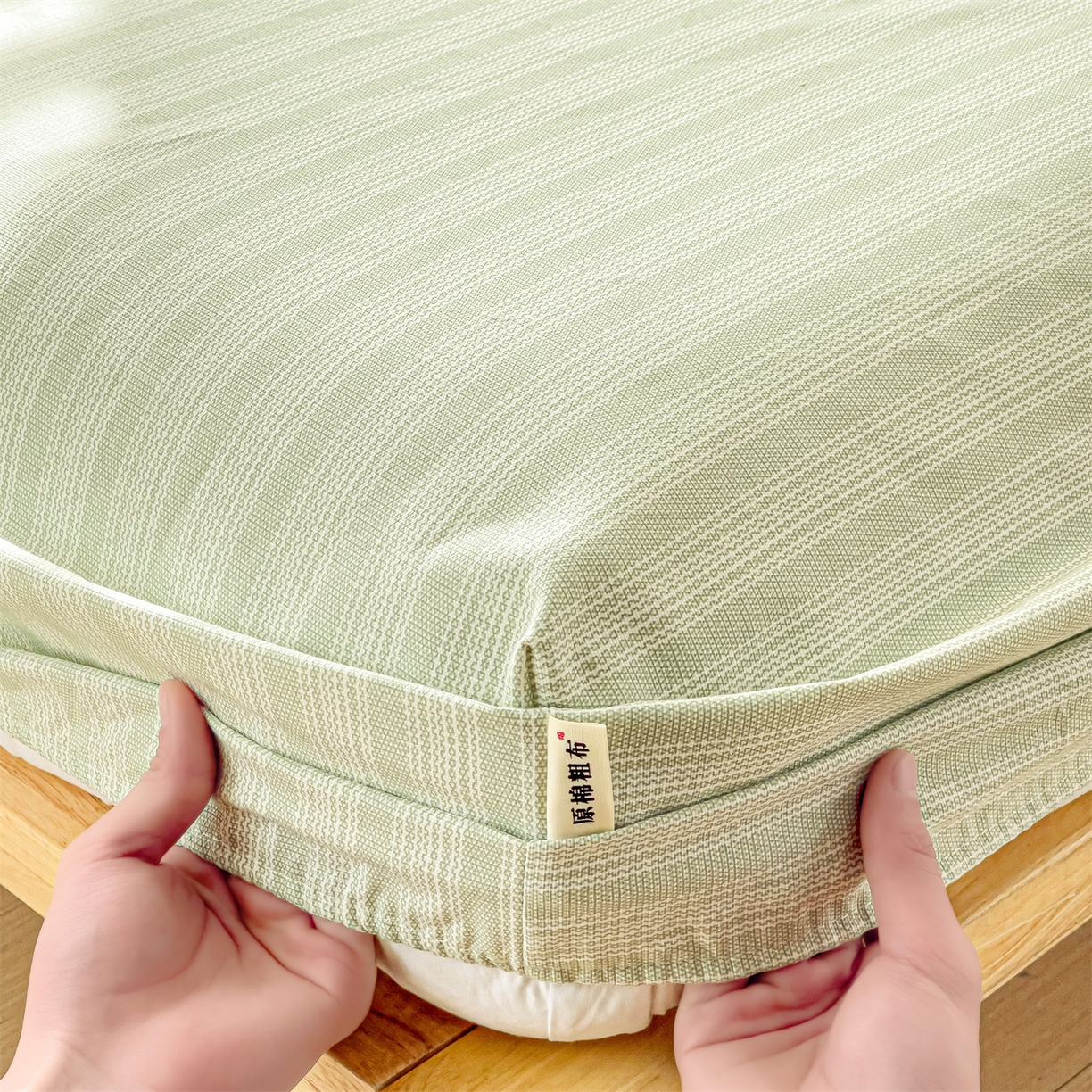 91家纺网 家纺一手货源 找家纺 名兮家居 2026春夏新款A类全棉纯棉老粗布床笠 床笠单件 条纹绿