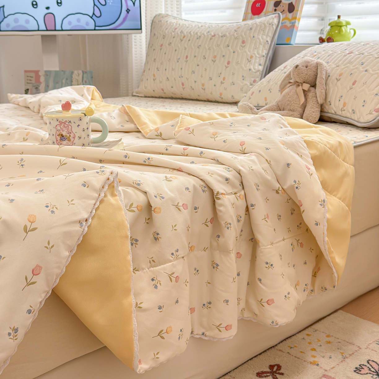 91家纺网 家纺一手货源 找家纺 慕尚家纺 2026新款乳胶凉席夏被空调被夏凉被套装组合 小仙朵儿