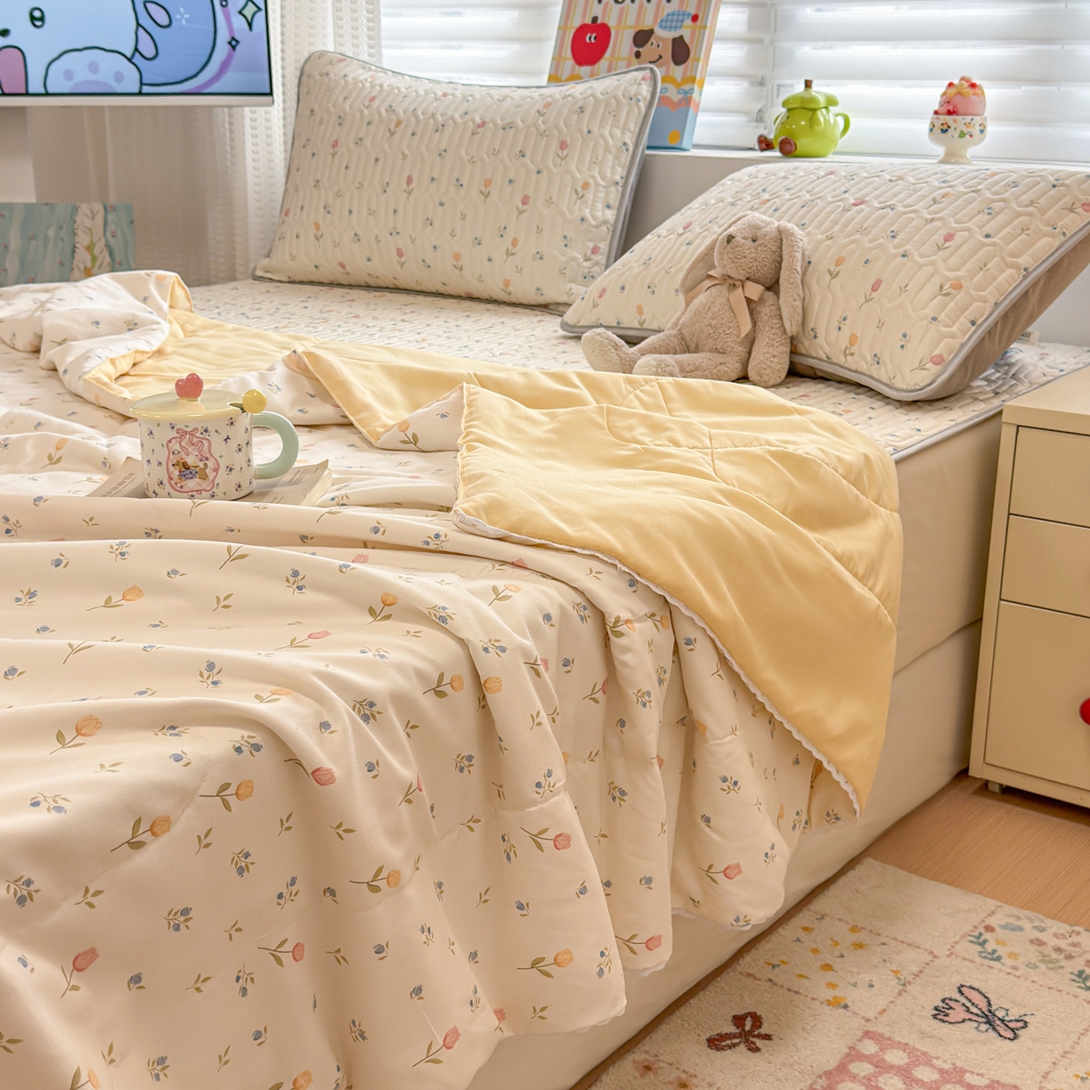 91家纺网 家纺一手货源 找家纺 慕尚家纺 2026新款乳胶凉席夏被空调被夏凉被套装组合 小仙朵儿