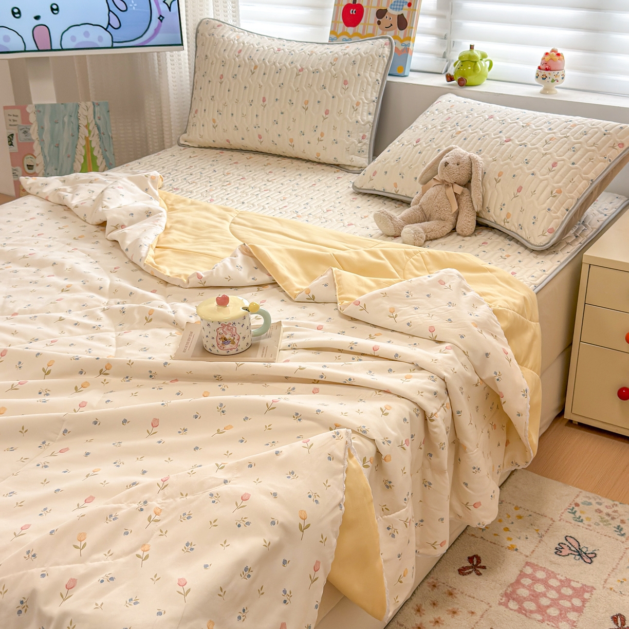 91家纺网 家纺一手货源 找家纺 慕尚家纺 2026新款乳胶凉席夏被空调被夏凉被套装组合 小仙朵儿