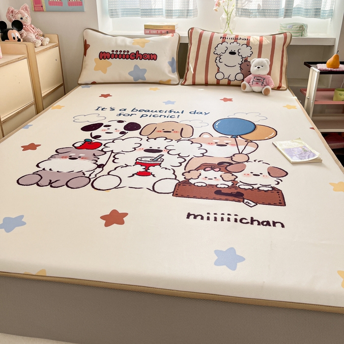 91家纺网 家纺一手货源 找家纺 桃子家居 2026新款正版授权miiiiichan大版数码印花1200D凉席三件套平铺床笠 冰感席miiiiichan-星愿小狗