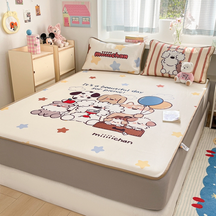 91家纺网 家纺一手货源 找家纺 桃子家居 2026新款正版授权miiiiichan大版数码印花1200D凉席三件套平铺床笠 冰感席miiiiichan-星愿小狗