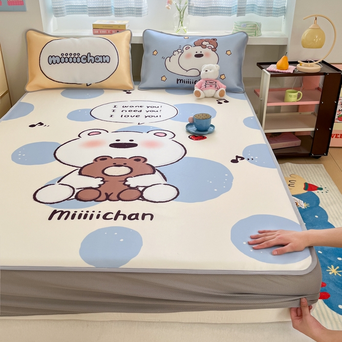 桃子家居 2026新款正版授权miiiiichan大版数码印花1200D凉席三件套平铺床笠 冰感席miiiiichan-蓝色波点熊
