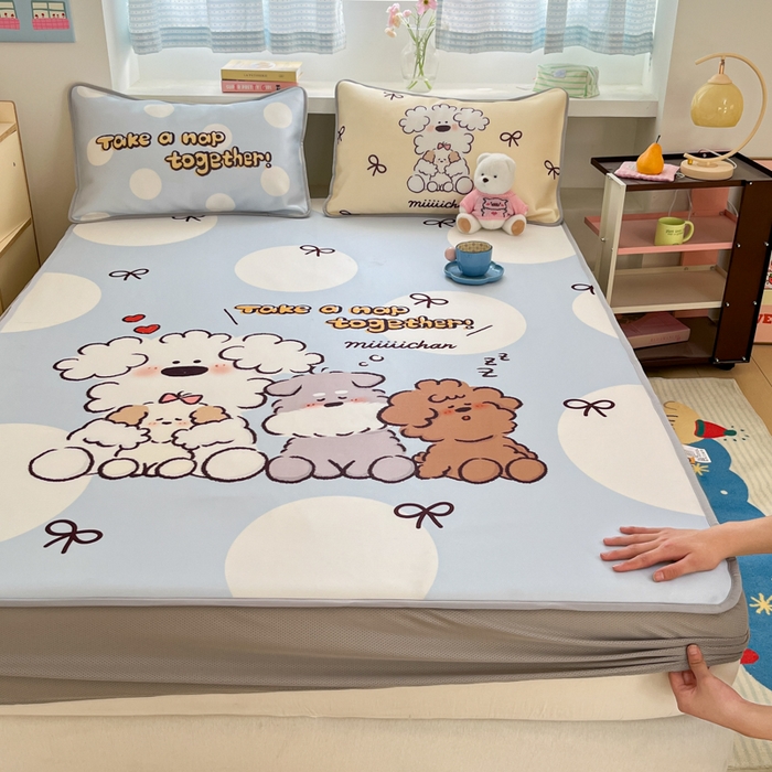 桃子家居 2026新款正版授权miiiiichan大版数码印花1200D凉席三件套平铺床笠 冰感席miiiiichan-点点泡芙狗