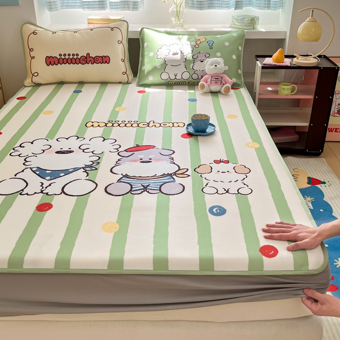 桃子家居 2026新款正版授权miiiiichan大版数码印花1200D凉席三件套平铺床笠 冰感席miiiiichan-绿彩色波点狗