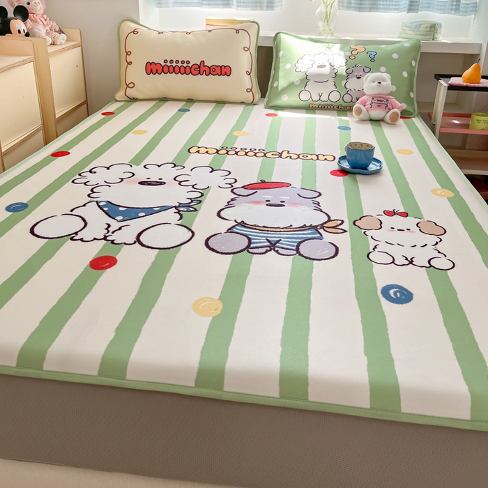 91家纺网 家纺一手货源 找家纺 桃子家居 2026新款正版授权miiiiichan大版数码印花1200D凉席三件套平铺床笠 冰感席miiiiichan-绿彩色波点狗