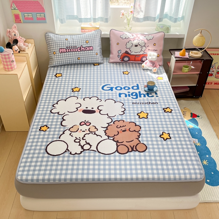 91家纺网 家纺一手货源 找家纺 桃子家居 2026新款正版授权miiiiichan大版数码印花1200D凉席三件套平铺床笠 冰感席miiiiichan-俏皮小狗