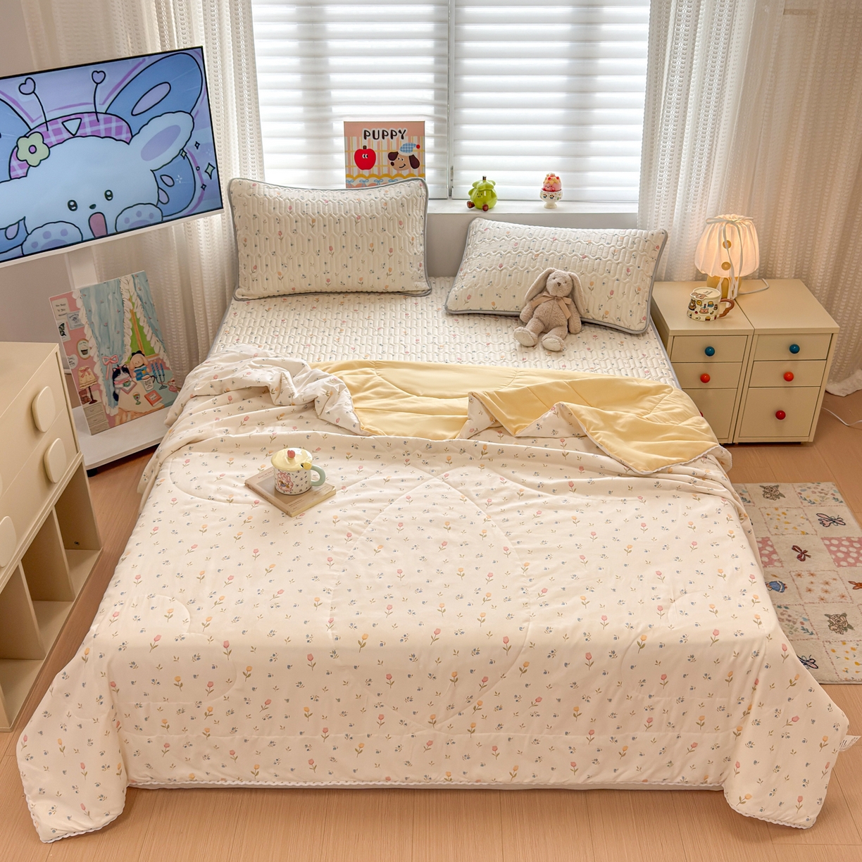 91家纺网 家纺一手货源 找家纺 慕尚家纺 2026新款乳胶凉席夏被空调被夏凉被套装组合 小仙朵儿