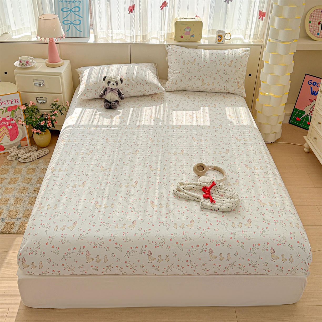 91家纺网 家纺一手货源 找家纺 名兮家居 2026春夏新款A类全棉纯棉老粗布床笠 床笠单件 鸭鸭春游