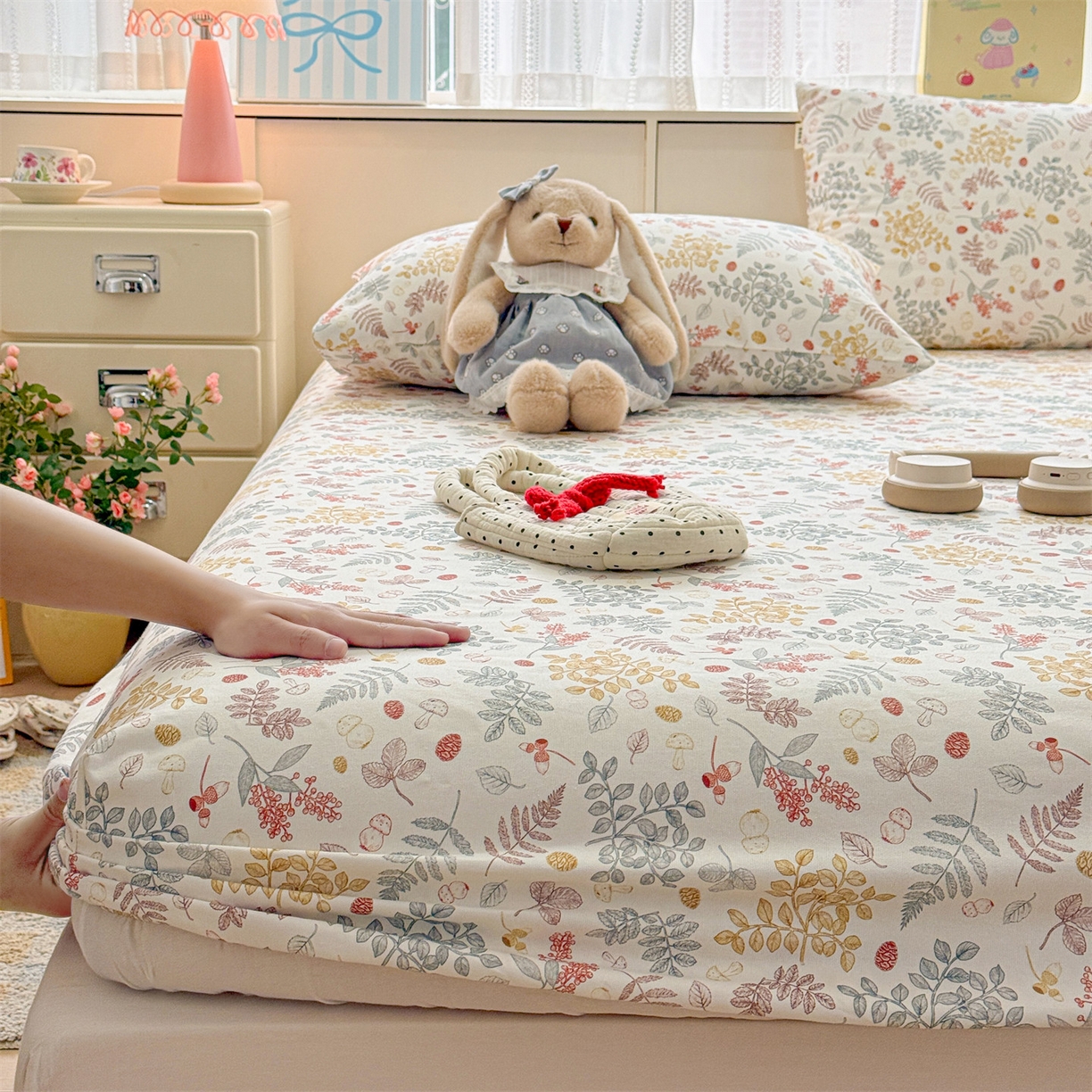 名兮家居 2026春夏新款A类全棉纯棉老粗布床笠 床笠单件 叶语红果