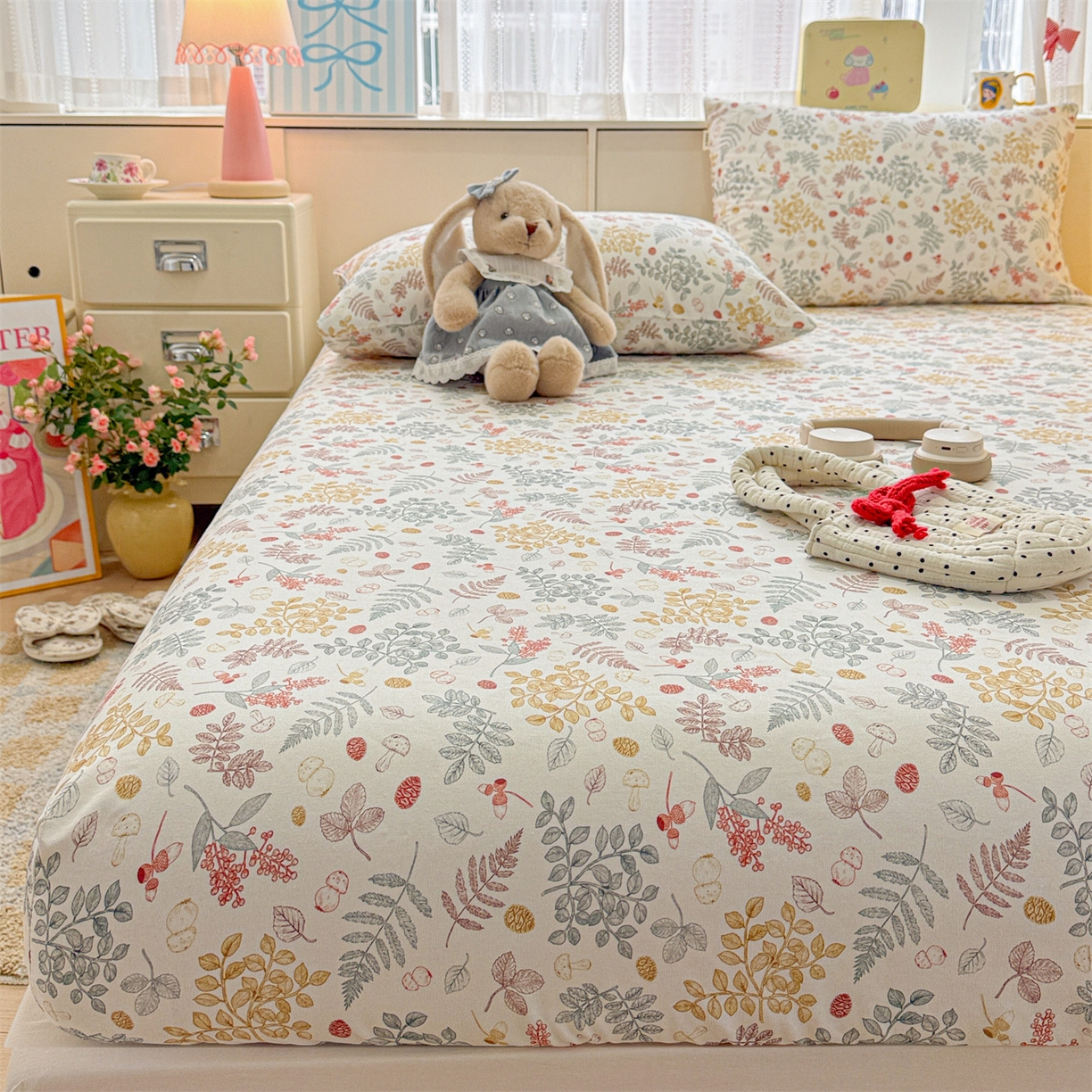 91家纺网 家纺一手货源 找家纺 名兮家居 2026春夏新款A类全棉纯棉老粗布床笠 床笠单件 叶语红果