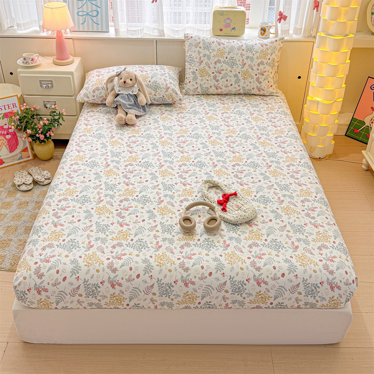 91家纺网 家纺一手货源 找家纺 名兮家居 2026春夏新款A类全棉纯棉老粗布床笠 床笠单件 叶语红果