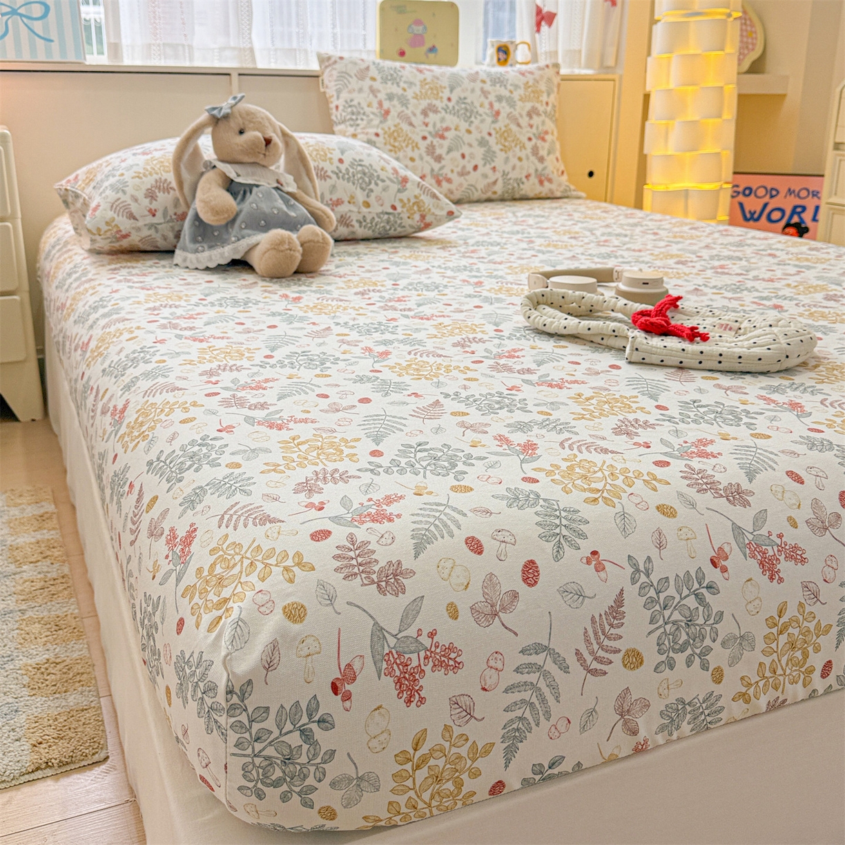 91家纺网 家纺一手货源 找家纺 名兮家居 2026春夏新款A类全棉纯棉老粗布床笠 床笠单件 叶语红果