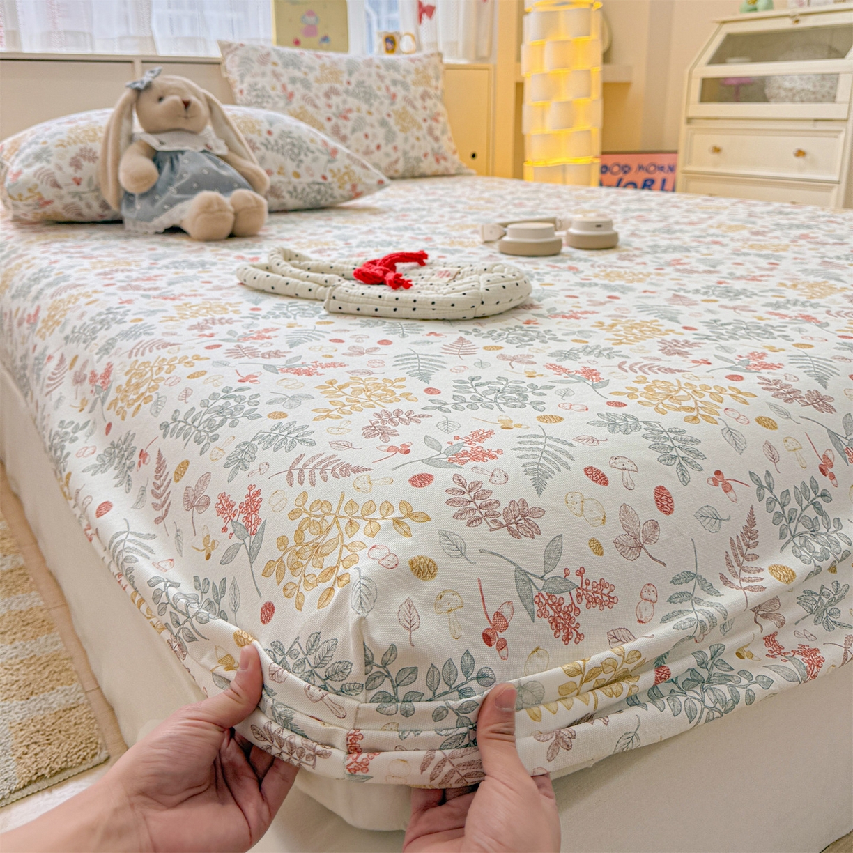 91家纺网 家纺一手货源 找家纺 名兮家居 2026春夏新款A类全棉纯棉老粗布床笠 床笠单件 叶语红果