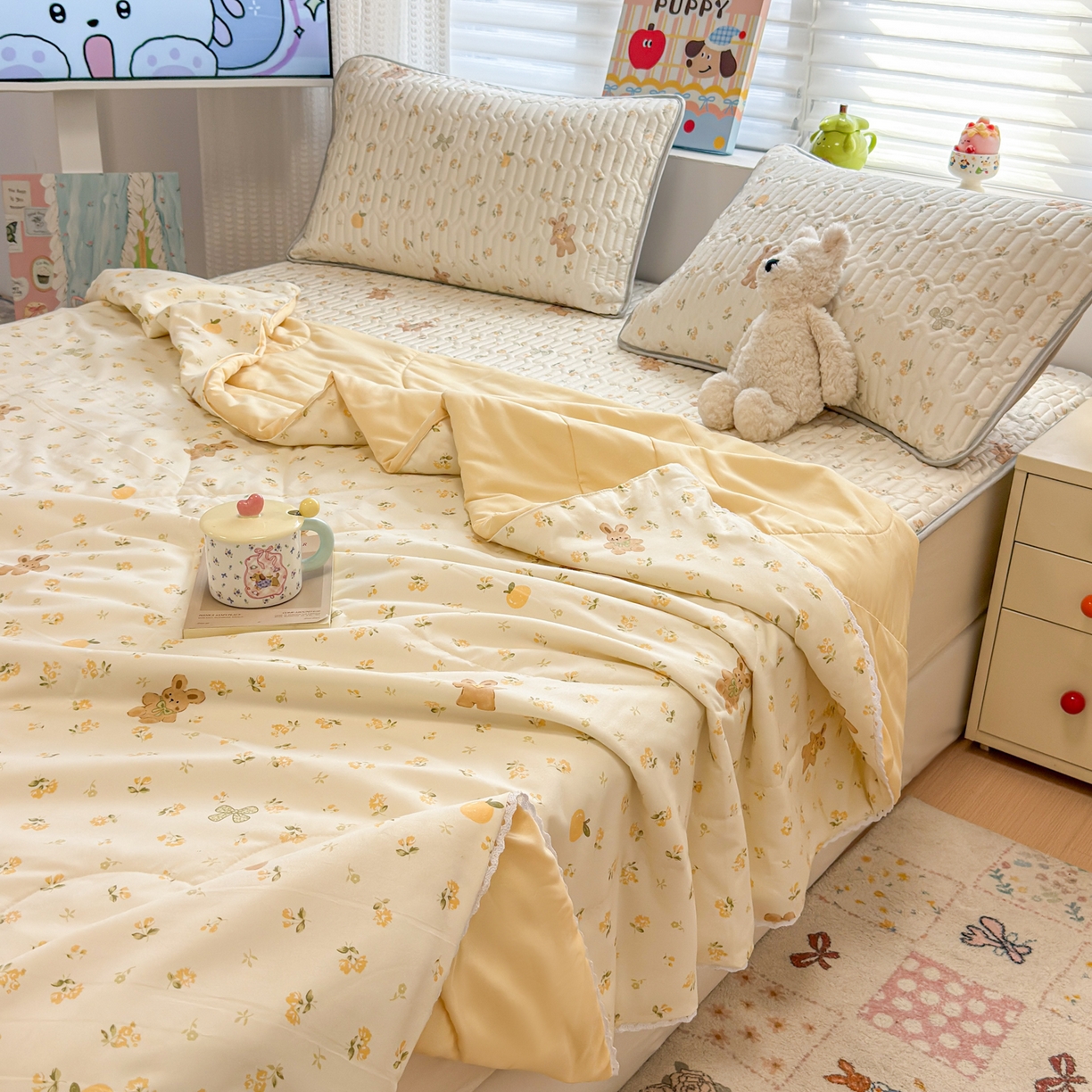 91家纺网 家纺一手货源 找家纺 慕尚家纺 2026新款乳胶凉席夏被空调被夏凉被套装组合 元气小熊