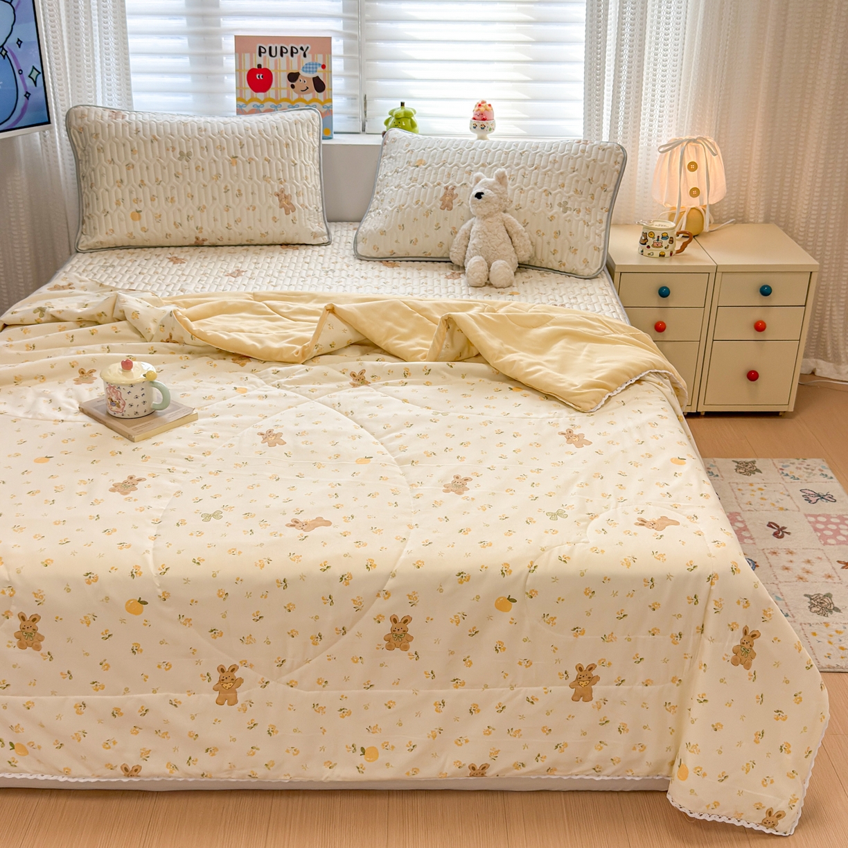 91家纺网 家纺一手货源 找家纺 慕尚家纺 2026新款乳胶凉席夏被空调被夏凉被套装组合 元气小熊