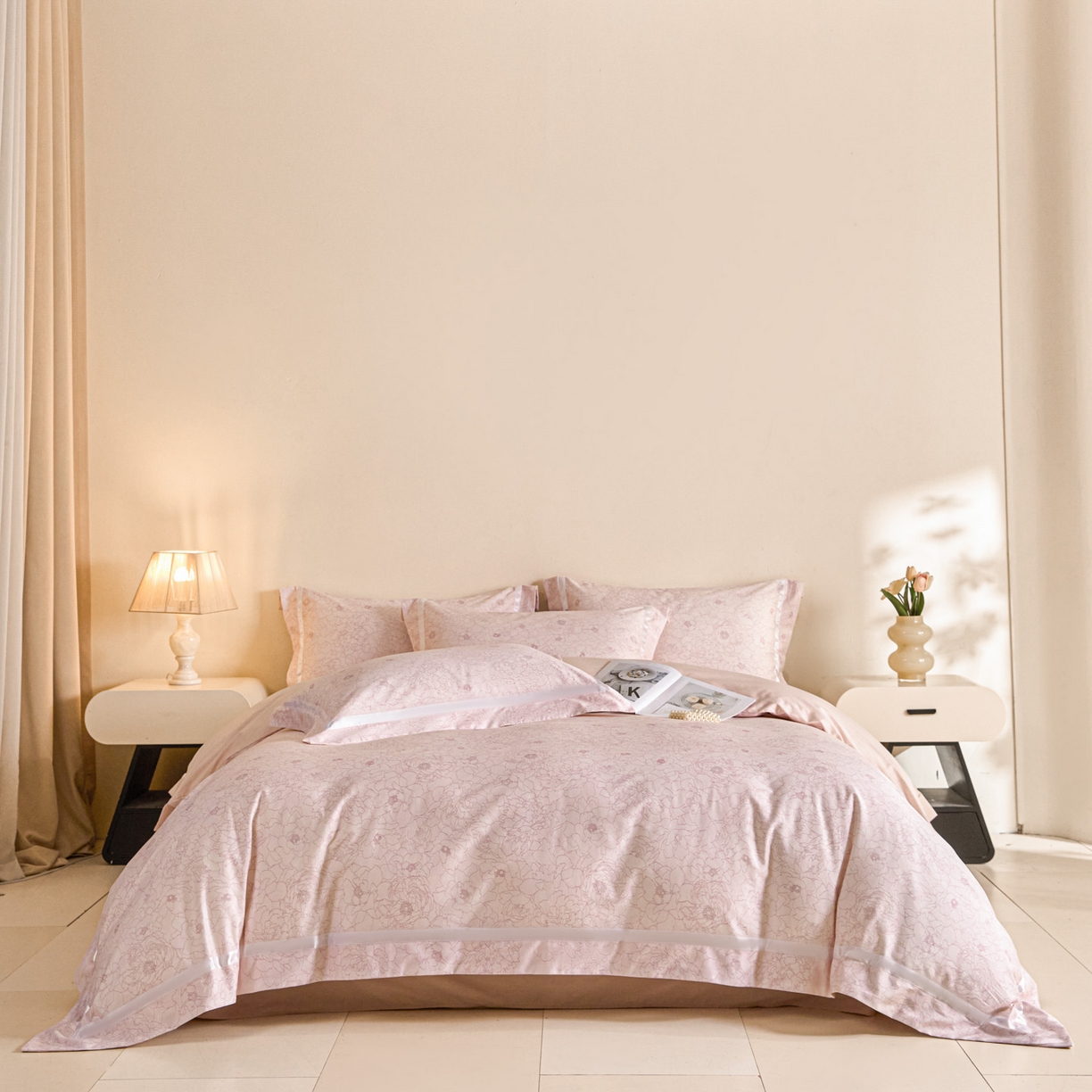 91家纺网 家纺一手货源 找家纺 新方向 【控价 提供买家秀】2026新款数码印花50s双股全棉贡缎长绒棉四件套-约定 约定-蔷薇粉