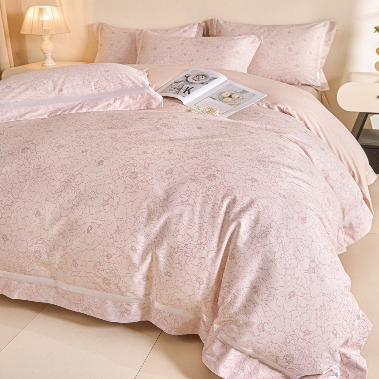 91家纺网 家纺一手货源 找家纺 新方向 【控价 提供买家秀】2026新款数码印花50s双股全棉贡缎长绒棉四件套-约定 约定-蔷薇粉