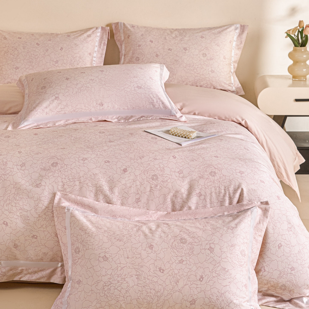 91家纺网 家纺一手货源 找家纺 新方向 【控价 提供买家秀】2026新款数码印花50s双股全棉贡缎长绒棉四件套-约定 约定-蔷薇粉