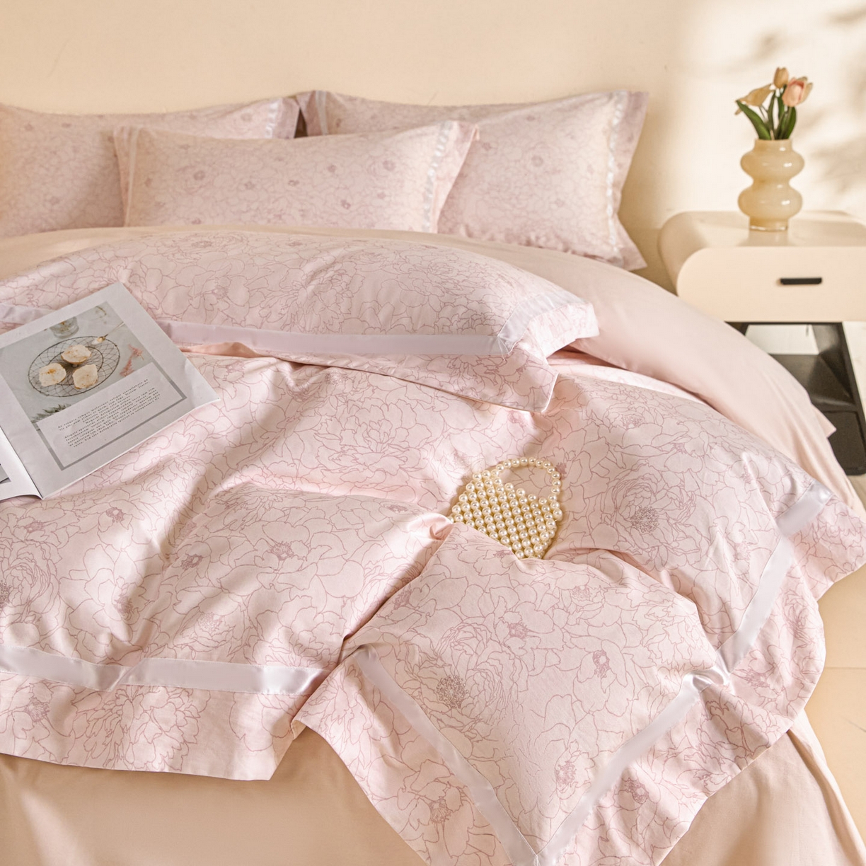 91家纺网 家纺一手货源 找家纺 新方向 【控价 提供买家秀】2026新款数码印花50s双股全棉贡缎长绒棉四件套-约定 约定-蔷薇粉