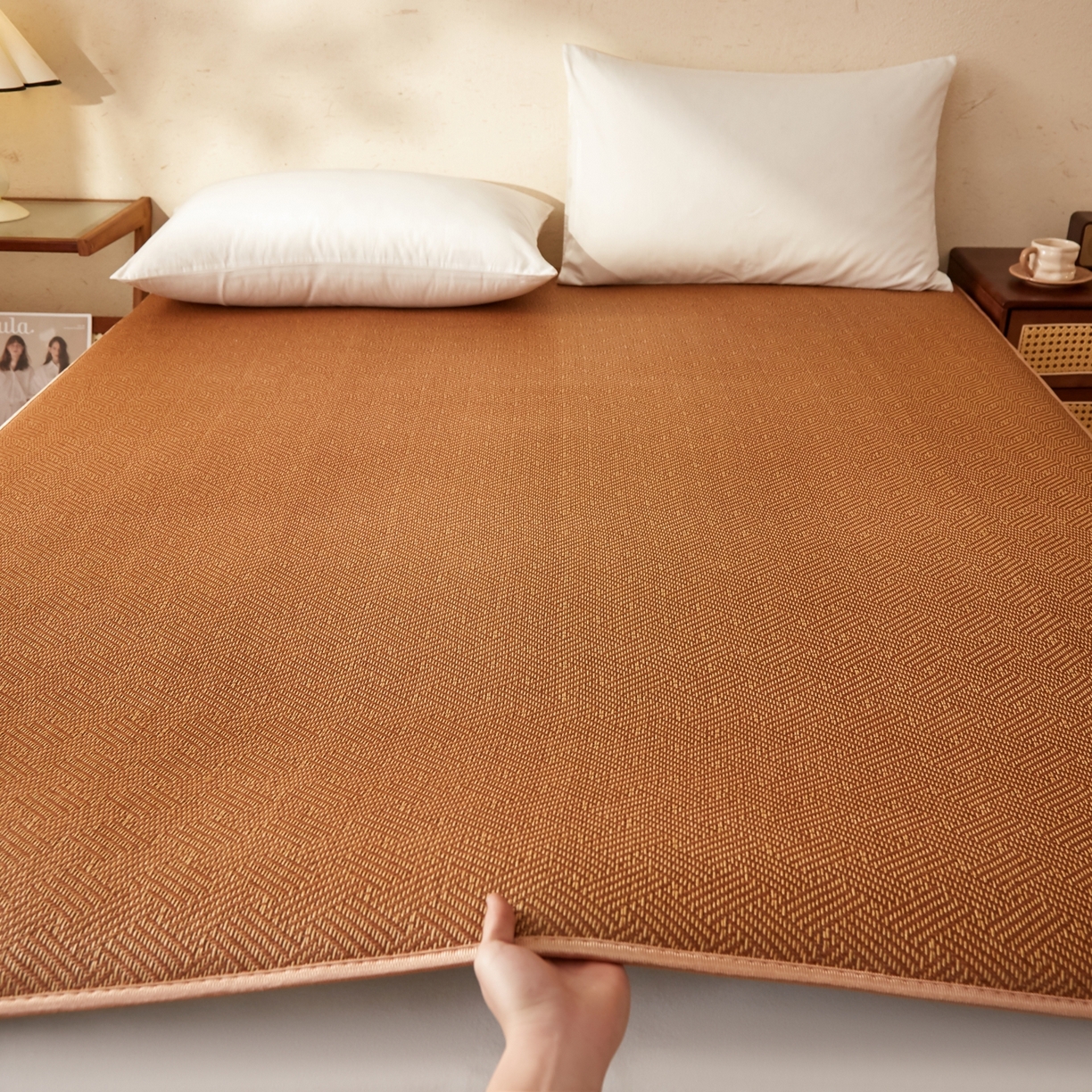 缦吉 2026新款藤席冰藤凉席多功能床垫榻榻米床护垫床褥双人加厚垫 饼干花