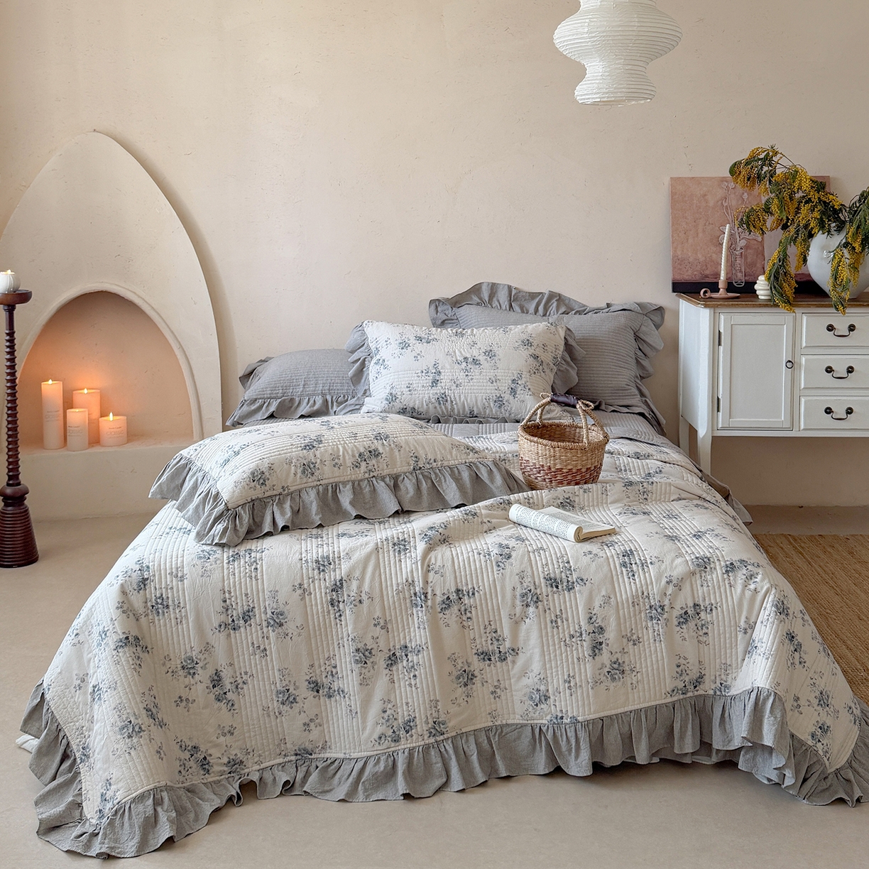 91家纺网 家纺一手货源 找家纺 （总）漫调家纺 2026春夏新品双面棉麻法式荷叶边高温水洗夏被可配夏被四件套床单床盖四件套（夏被四件套咨询微信）