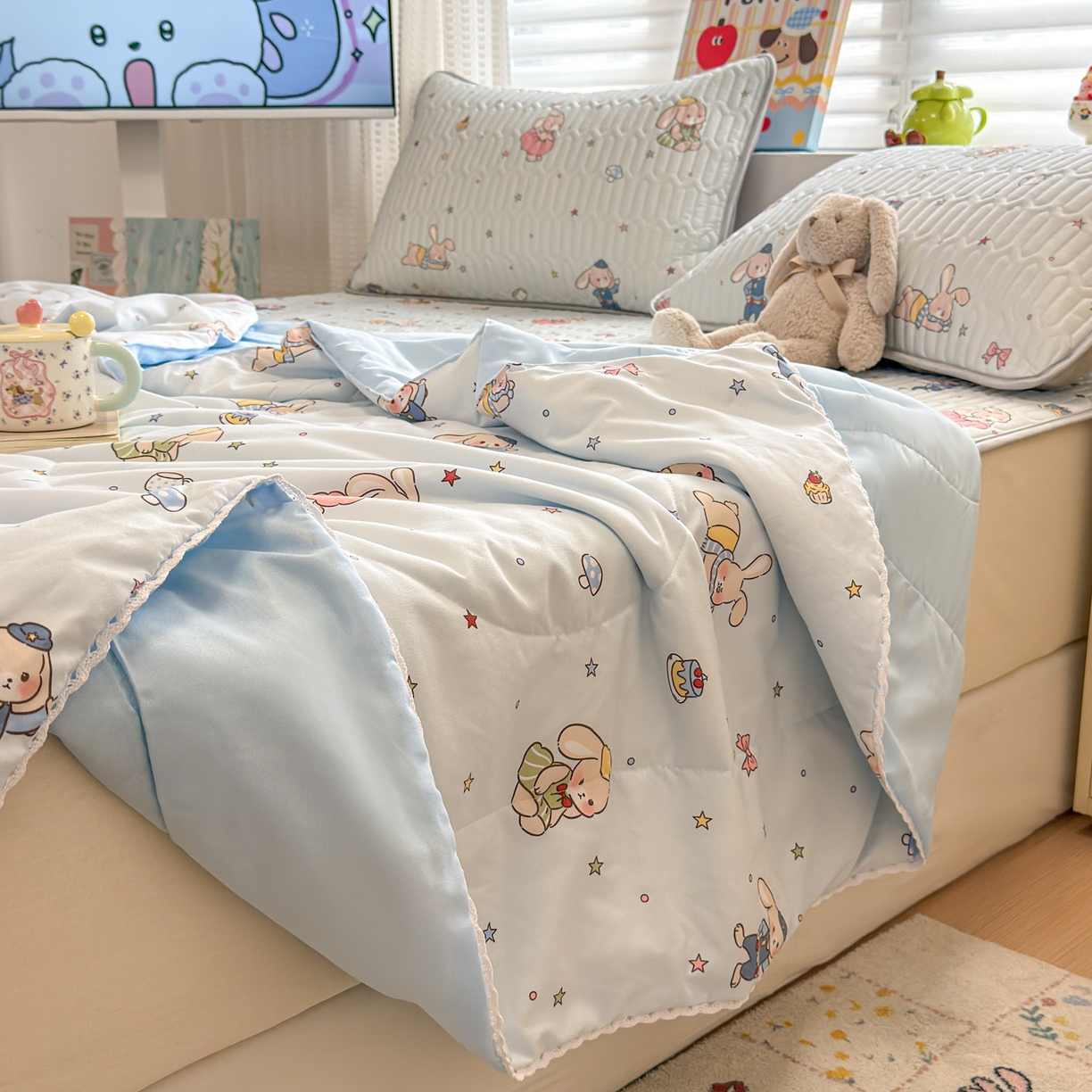 91家纺网 家纺一手货源 找家纺 慕尚家纺 2026新款乳胶凉席夏被空调被夏凉被套装组合 疯狂动物