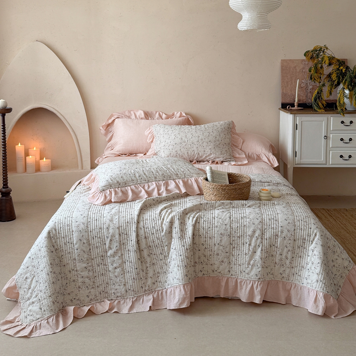 漫调家纺 2026春夏新品双面棉麻法式荷叶边高温水洗夏被可配夏被四件套床单床盖四件套 粉雾花甸