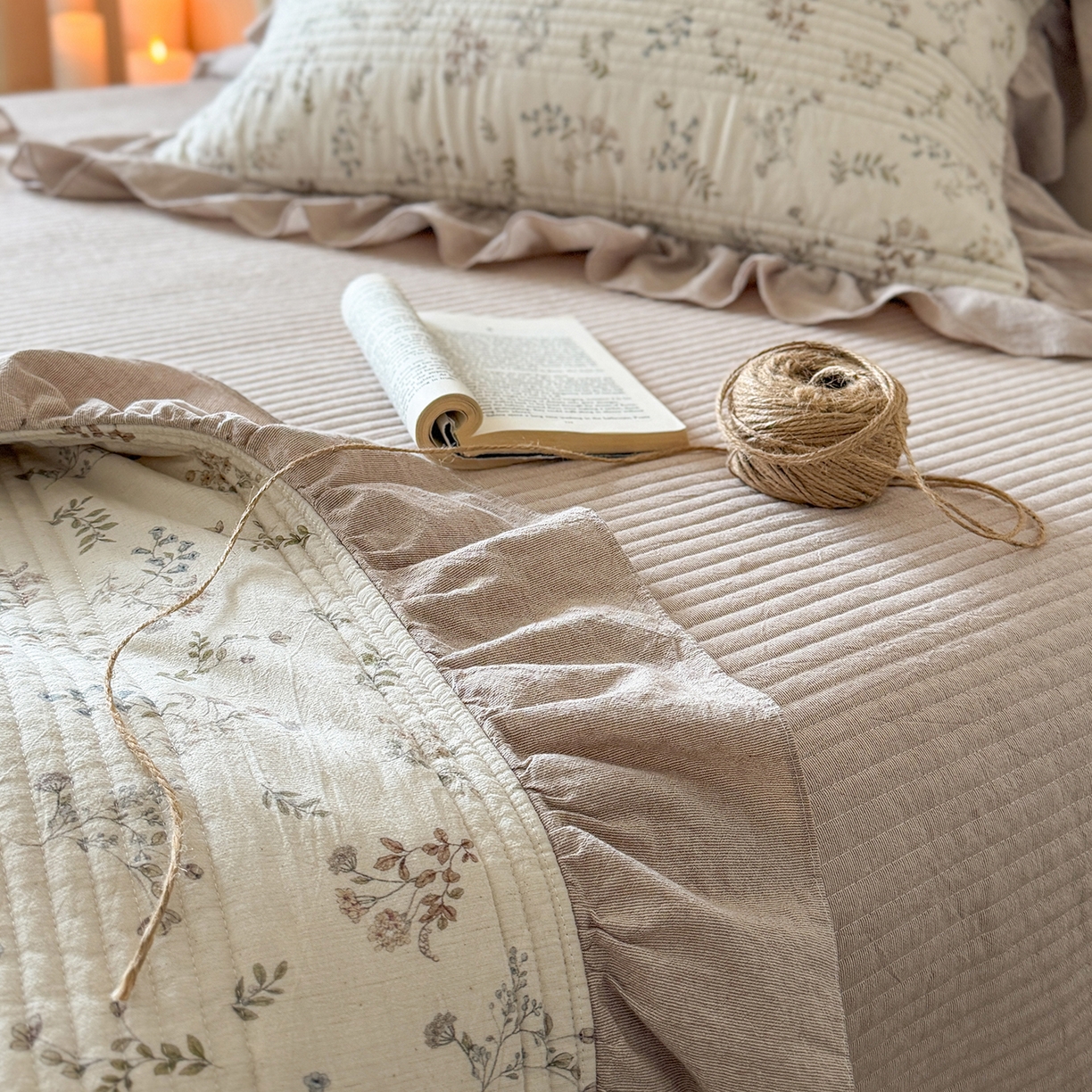 91家纺网 家纺一手货源 找家纺 漫调家纺 2026春夏新品双面棉麻法式荷叶边高温水洗夏被可配夏被四件套床单床盖四件套 奶杏枝蔓